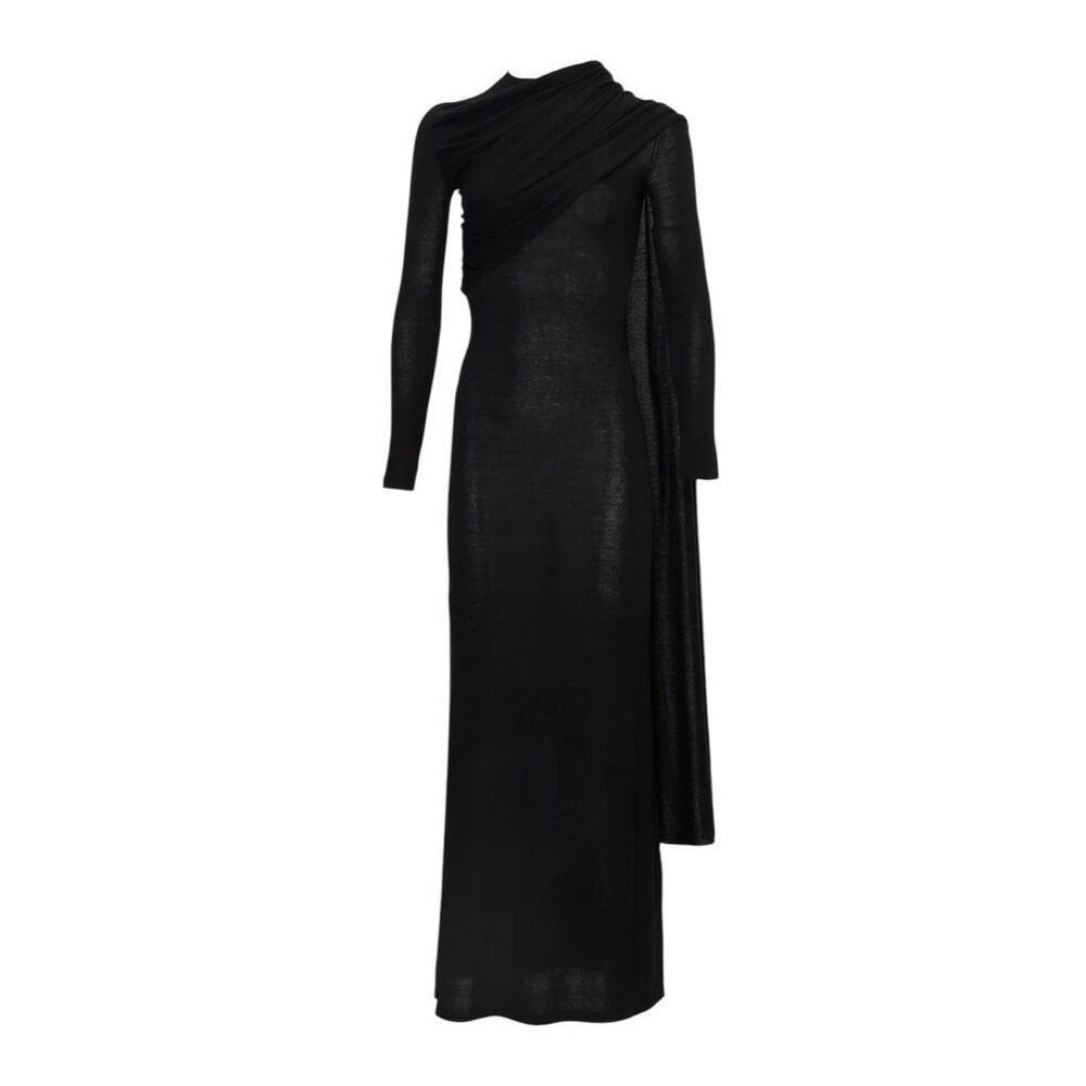 New Aya Muse Mira Black Asymmetrical Draped Maxi Dress Large Long Sleeve Silk Bl
